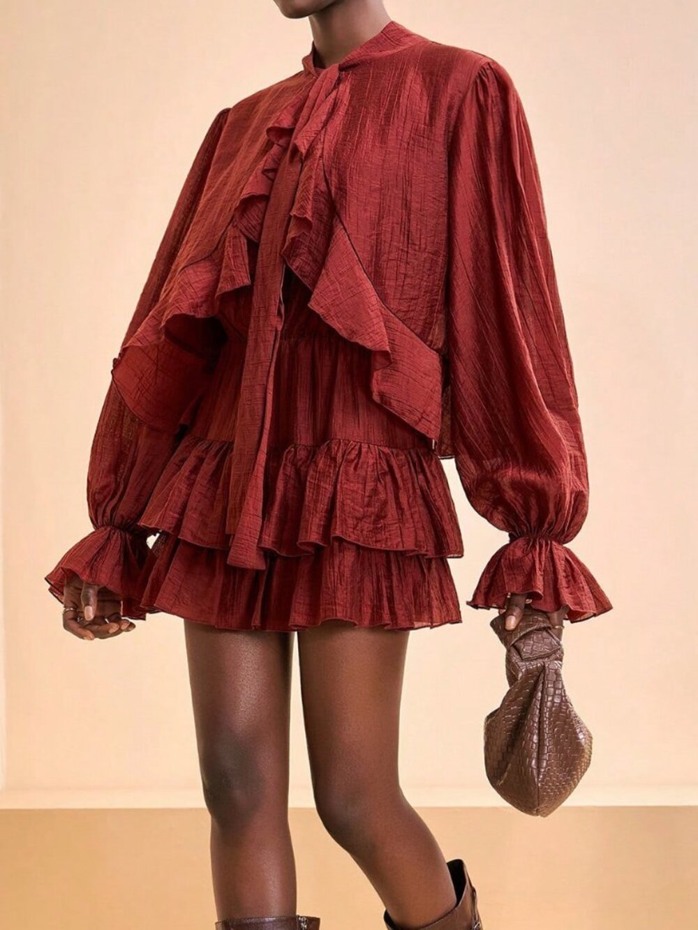 Rust Brown Boho Women's Mini Dress with Sleeves and Ruffle Details - Picture 4 of 6